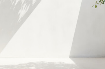 Fototapeta premium White walls with natural light. Empty space to place products for advertising. Green leaves with dappled light and shadow