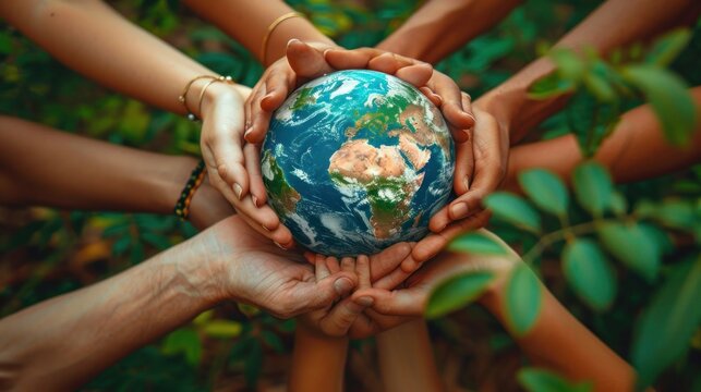 Teamwork, volunteer and support with hands of people for sustainability, environment and climate change. Recycling, earth day and charity with friends and stack for diversity, energy and pollution