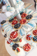 wedding cream cheese cupcake set. Different kinds of baked sweets on a buffet. Luxury cakes on wedding dessert table in restaurant