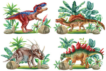 Fototapeta premium Dinosaurs in jungle forest, watercolor drawing of a stegosaurus dinosaur. Hand painted animal with prehistoric landscape
