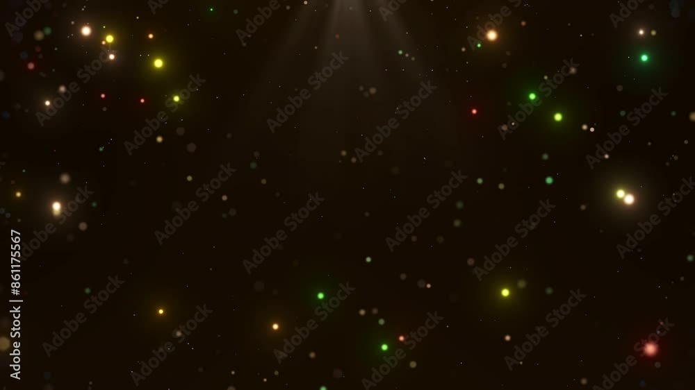 Poster sparkling particles scattered on a dark background.