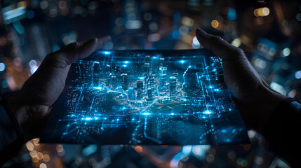 GIS. Man Holds Geographic Icons. Spatial Data, Mapping Excellence on Virtual Geographic Information System (GIS) Technology. Dark Blue City Background