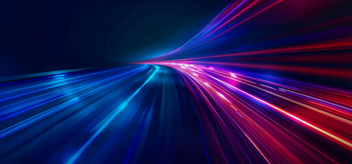Fondo abstracto con l&iacute;neas de luz brillantes en colores azul y rojo sobre fondo oscuro, concepto de tecnolog&iacute;a de velocidad de transferencia de datos r&aacute;pida para banner de dise&ntilde;o o presentaci&oacute;n.