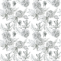 Fototapeta premium Watercolor seamless pattern with hydrangea. Pencil graphics.