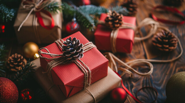 Close-up presents wrapped brown paper twine