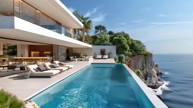 A luxury cliffside villa with a swimming pool, a dining table, high ceilings, large windows overlooking the ocean and the sky, and a modern living room with a bar and loungers
