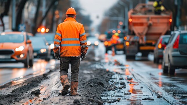 a road construction worker blocking the road to drivers on the road due to road repairs on the side.