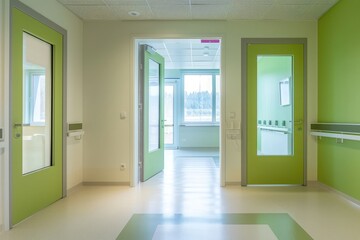 Fototapeta premium Interior of a hospital corridor with green walls and white floor