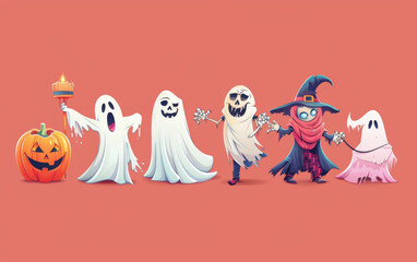Fototapeta premium A group of Halloween characters are holding hands