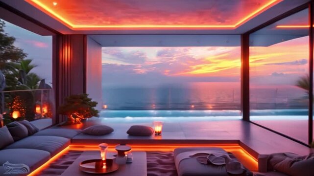 A lavish modern home featuring a second story, blue neon lighting, a view of the sea, contemporary black and blue furnishings, and a setting sun that illuminates the water