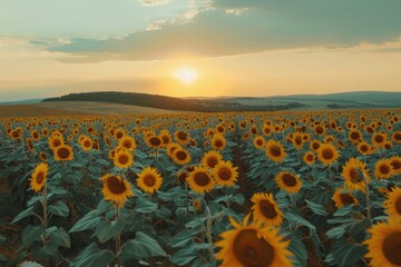 Obraz premium Sunflower field at sunset. Beautiful summer landscape with sunflowers