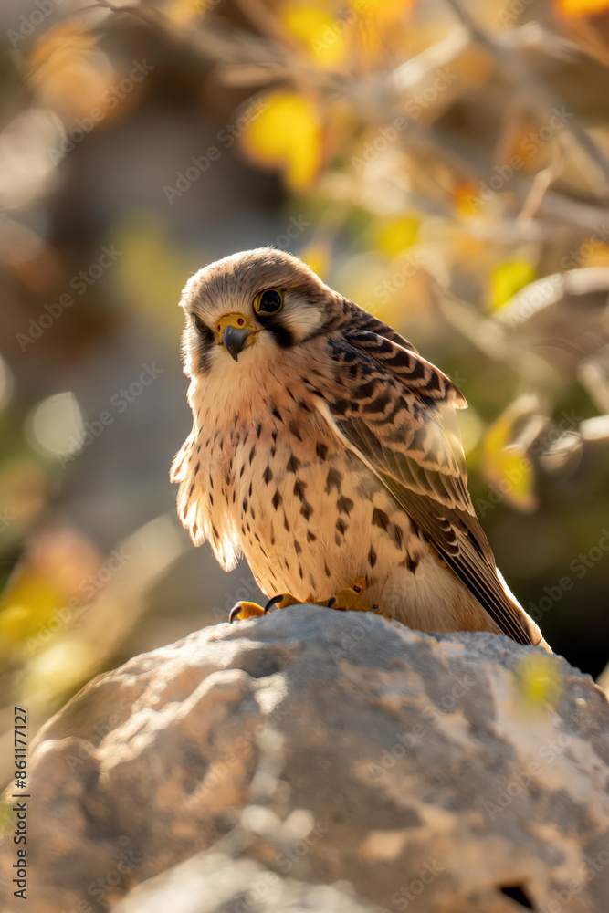 Wall mural American kestrel perched on a rock on a sunny day