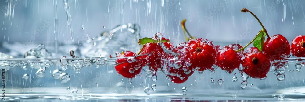 Wall mural A close-up photo of red berries falling into a shallow container of water, creating beautiful splashes and bubbles - Wall murals