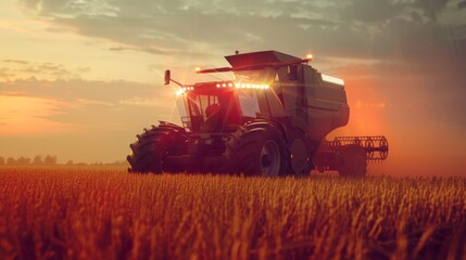 Naklejka premium Rice harvester of the future, driverless, satellite navigation system for agricultural machinery Agricultural innovation, smart farming harvest together