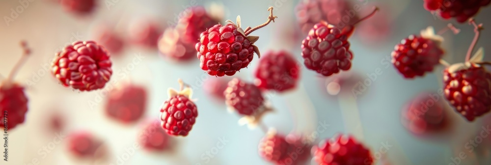 Wall mural A vibrant closeup photo of several wild berries suspended in mid-air after being tossed. The berries, with their rich red hues, appear to dance against a soft, blurred background - Wall murals