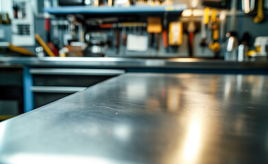 Steel workbench with various tools hanging on the wall in a workshop.