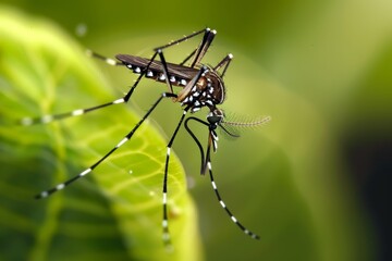 Naklejka premium Closeup of a Mosquito on a Green Leaf