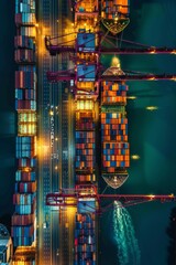 Vividly colored rows of cargo containers stacked on massive industrial cranes at a shipping port