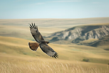 Naklejka premium Red-tailed hawk gliding over vast prairie grassland
