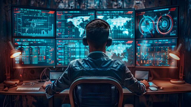 Hacker Accessing Top Secret Files with Multiple Screens Displaying Digital Security Breaches and High Tech Interfaces