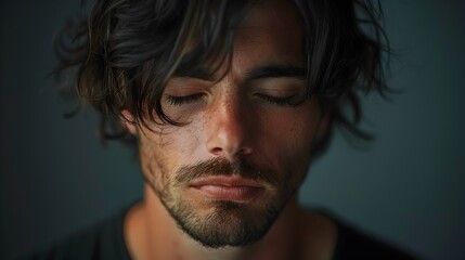 Fototapeta premium Pensive Man with Tired Expression and Half Closed Eyes Detailed and Serene Human Emotions Concept