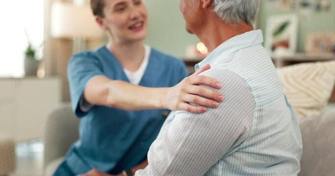 Medical, elderly patient and caregiver for support, assurance and counseling on sofa in living room. Homecare, senior woman and hand of nurse, compassion and arthritis diagnosis for old person