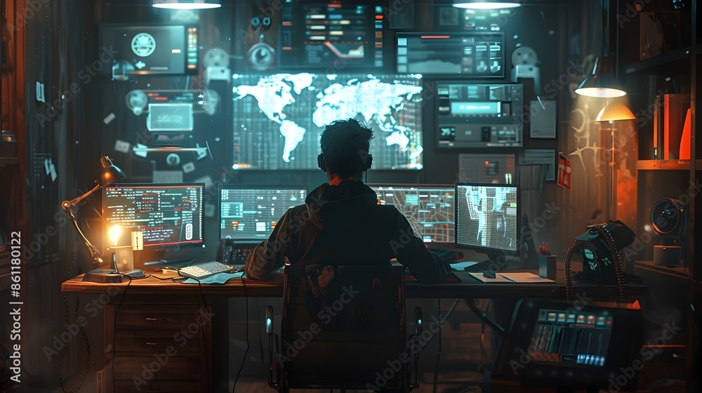 Poster hacker workspace with dark room multiple screens displaying security breaches and code