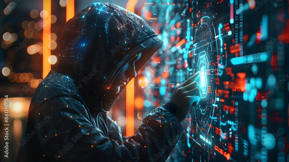 Poster hacker working on futuristic holographic interface vibrant and high tech detailed and dynamic concep