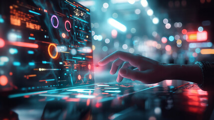Obraz premium Hand interacting with a futuristic holographic display screen.
