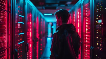 Hacker Breaching a Secure Server Room with Vibrant Neon Lights and Shadows