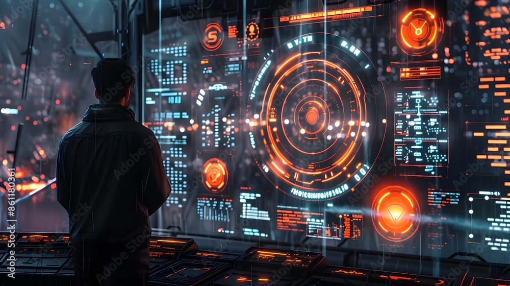 Poster hacker breaching digital lock and accessing high tech cyber security system on futuristic interface