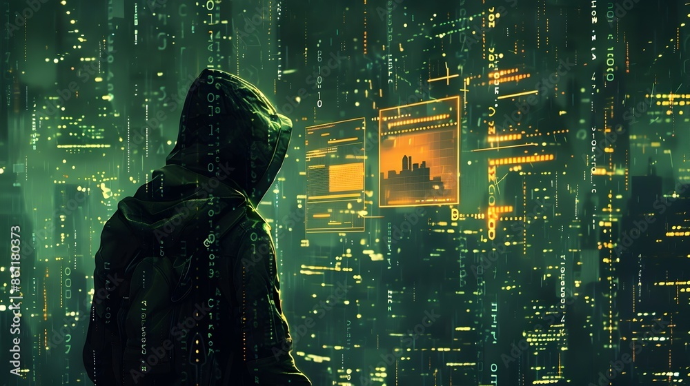 Poster hacker breaking into digital lock with futuristic tech interface