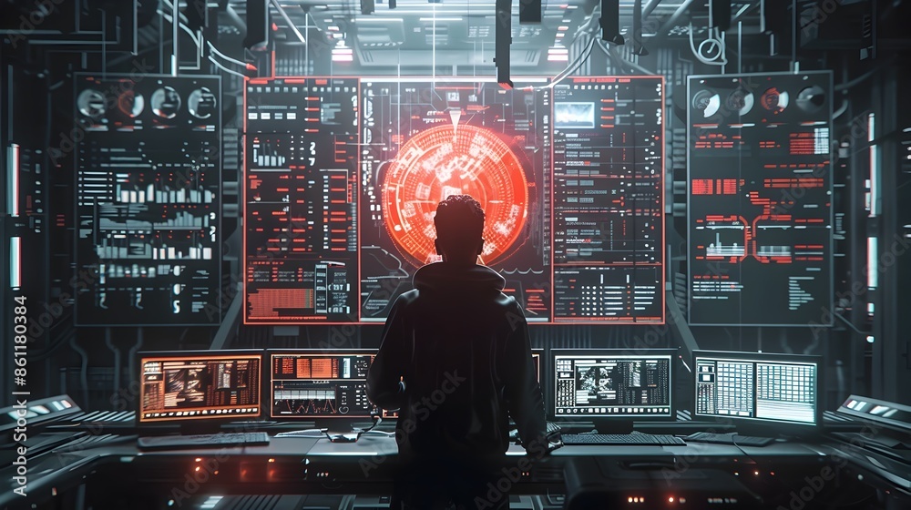 Poster intense hacker breaching digital lock on high tech computer system