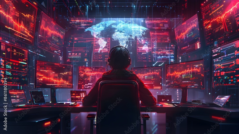 Poster hacker deploying cyber attack on dynamic digital landscape with animated sequences