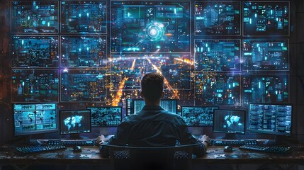 Hacker with Multiple Computer Screens Analyzing Cybersecurity Data Breaches in Intense High Tech Setting