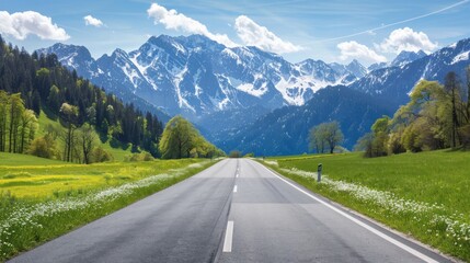 Naklejka premium Beautiful mountain landscape in the Alps with bright green meadows blooming on a sunny spring day, Germany.