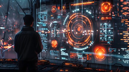 Hacker Breaching Digital Lock and Accessing High Tech Cyber Security System on Futuristic Interface