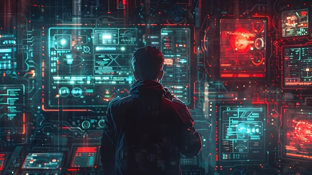 Hacker Infiltrating a Secure Network with Detailed Cybersecurity Protocols and Interfaces - Powered by Adobe