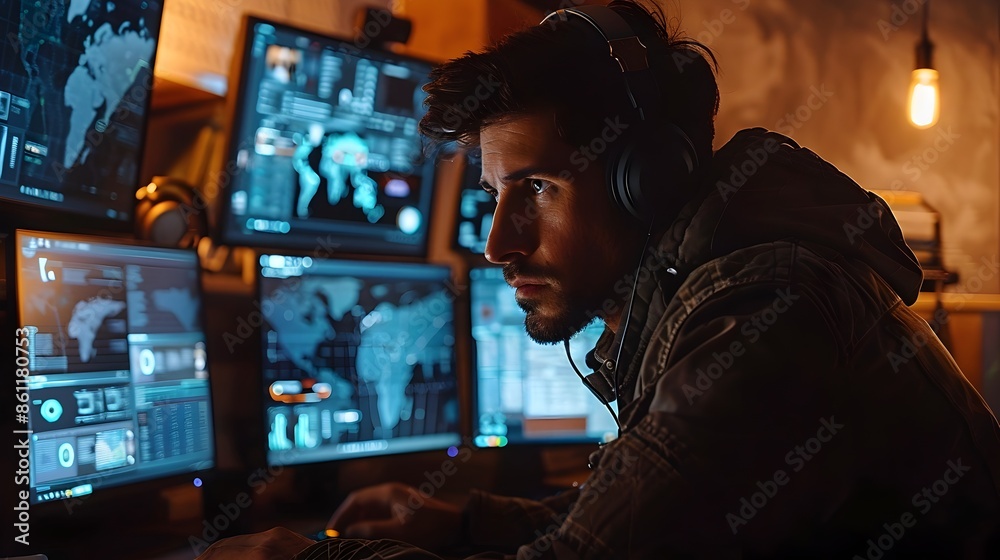 Poster hacker strategizing cyber attack plan on multiple screens in intense dark setting