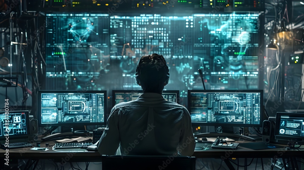 Poster hacker breaching corporate server high tech screens displaying digital data