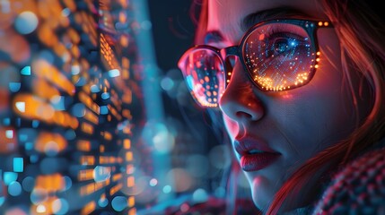 Intense Hacker Woman Accessing Government Databases with Vibrant Futuristic Lights