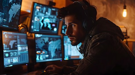 Obraz premium Hacker Strategizing Cyber Attack Plan on Multiple Screens in Intense Dark Setting