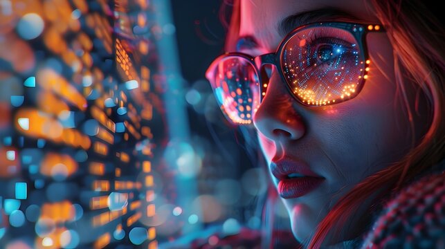 Intense Hacker Woman Accessing Government Databases with Vibrant Futuristic Lights