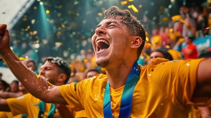 A cheering football fan The world cup unifies football players in their passion of the beautiful game and captivates spectators with its exciting matches and memorable moments.