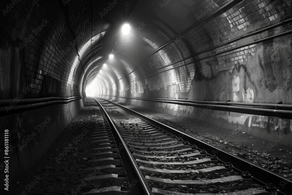 Poster a tunnel with train tracks and graffiti on the walls. the tunnel is dark and the graffiti adds a sen