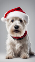 Sitting highland terrier dog wearing a santa hat for christmas isolated on white background as trans