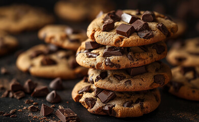 Fototapeta premium Stack of chocolate chip cookies with scattered chocolate chips.