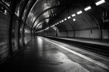 A dark tunnel with a train station in the middle, light