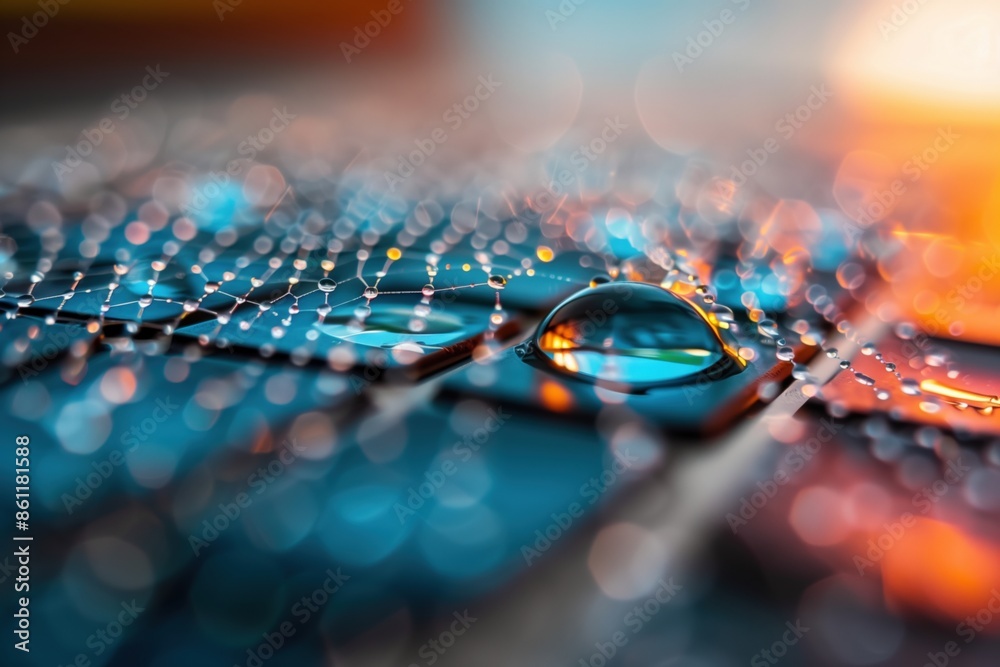 Poster a close up of a keyboard with a drop of water on it. the water droplet is surrounded by a blurry bac