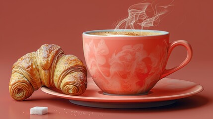 Vector illustration of a steaming cup of coffee with a croissant and a sugar packet on a saucer. 